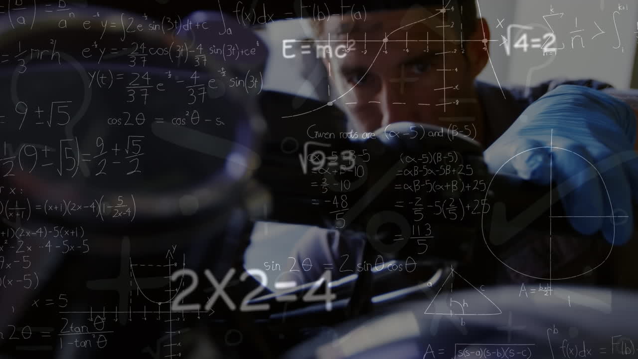 워크에서 백인 남성 기계학자에 대한 수학적 방정식의 애니메이션