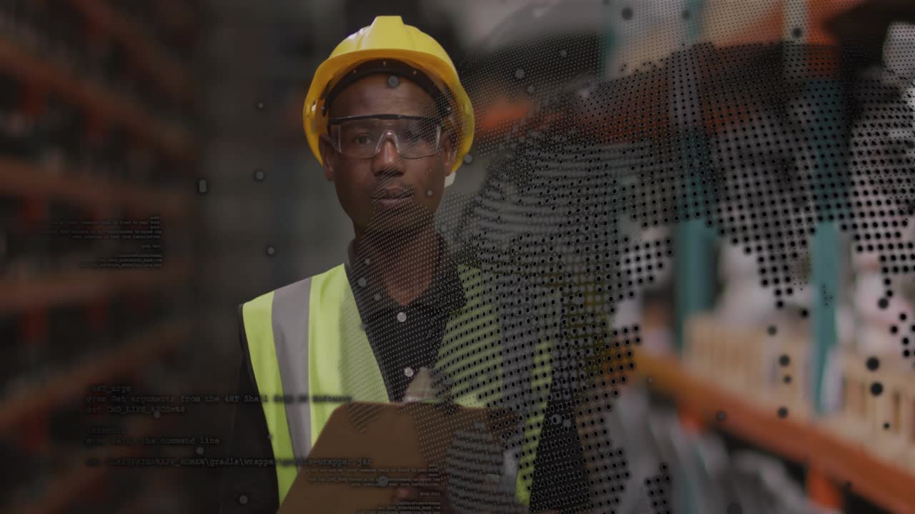 Warehouse worker reading clipboard, dotted map overlay drifting right leading him to speak, smiling