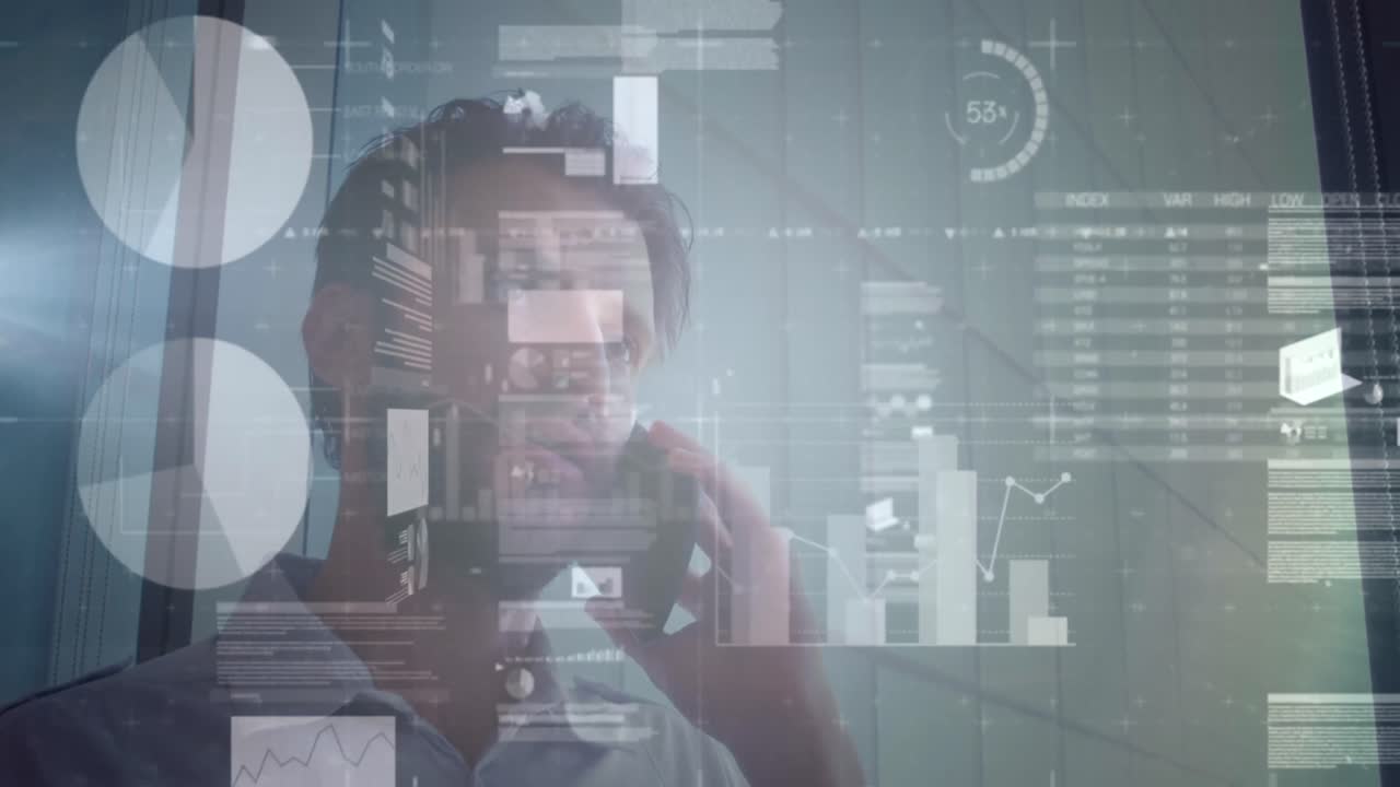Animation of financial data processing over man using smartphone