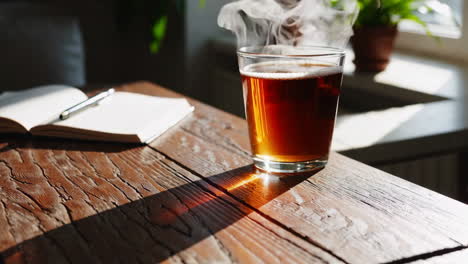 tea and notebook on a wooden desk