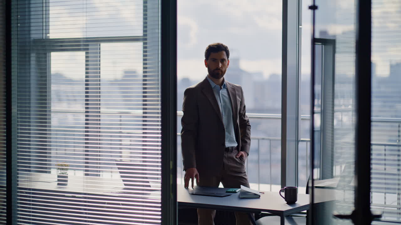 Professional lawyer posing panoramic office looking camera. Elegant businessman