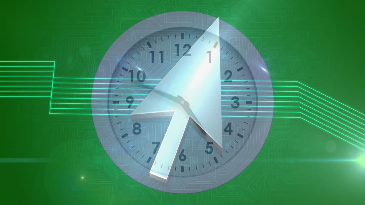 Large arrow overlay on clock face with green digital circuit animation