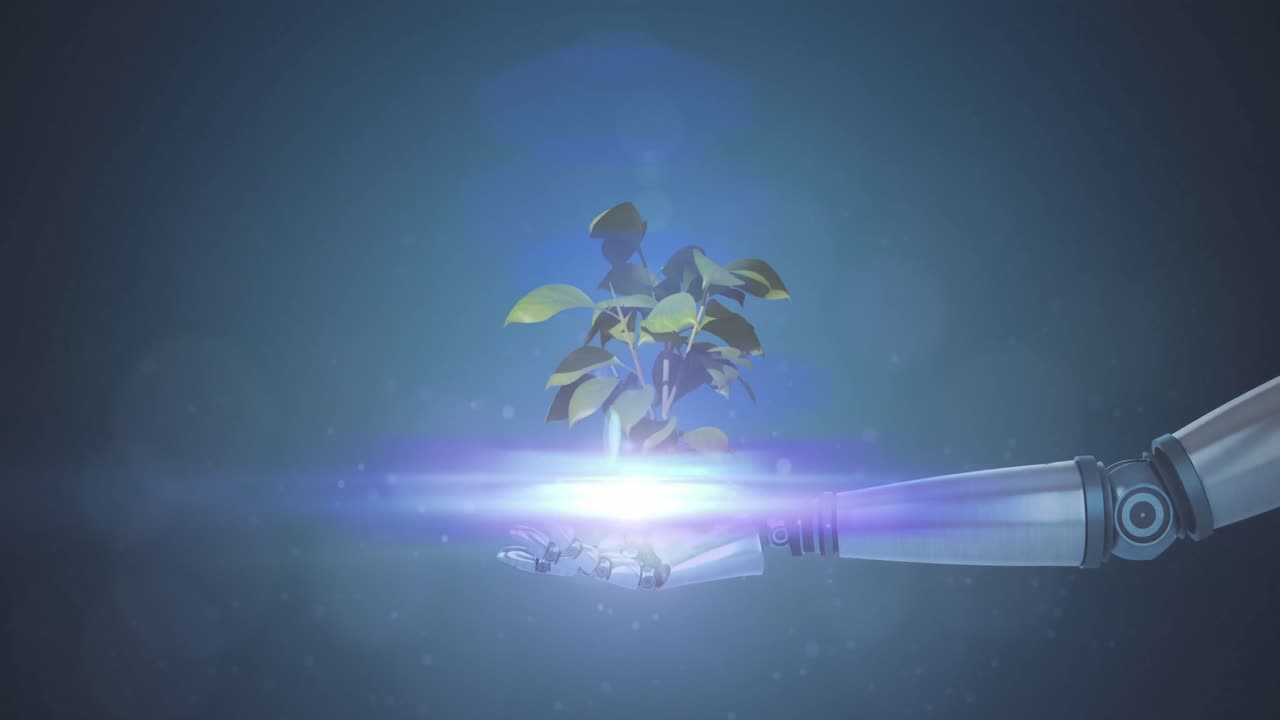 animación de una planta en crecimiento en la mano del brazo del robot, con luz en movimiento sobre fondo azul