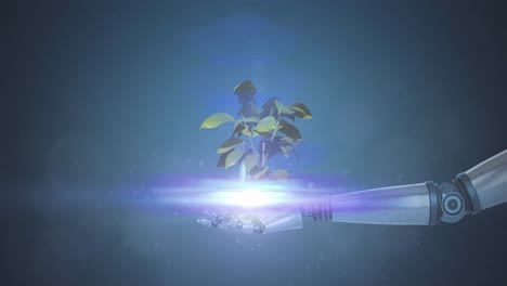 Animation-of-growing-plant-in-hand-of-robot-arm,-with-moving-light-on-blue-background