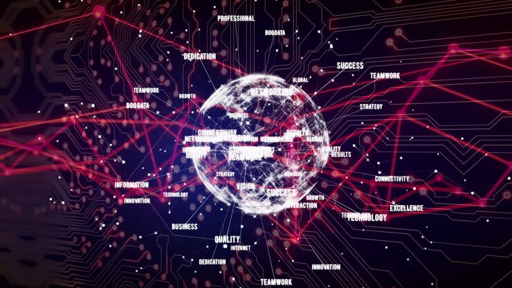 Animation of glowing globe with success and networking words on circuit background