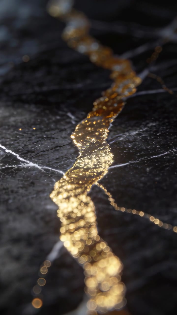 Vertical video: Pulling focus, camera revealing gold vein on black marble, showing highlights