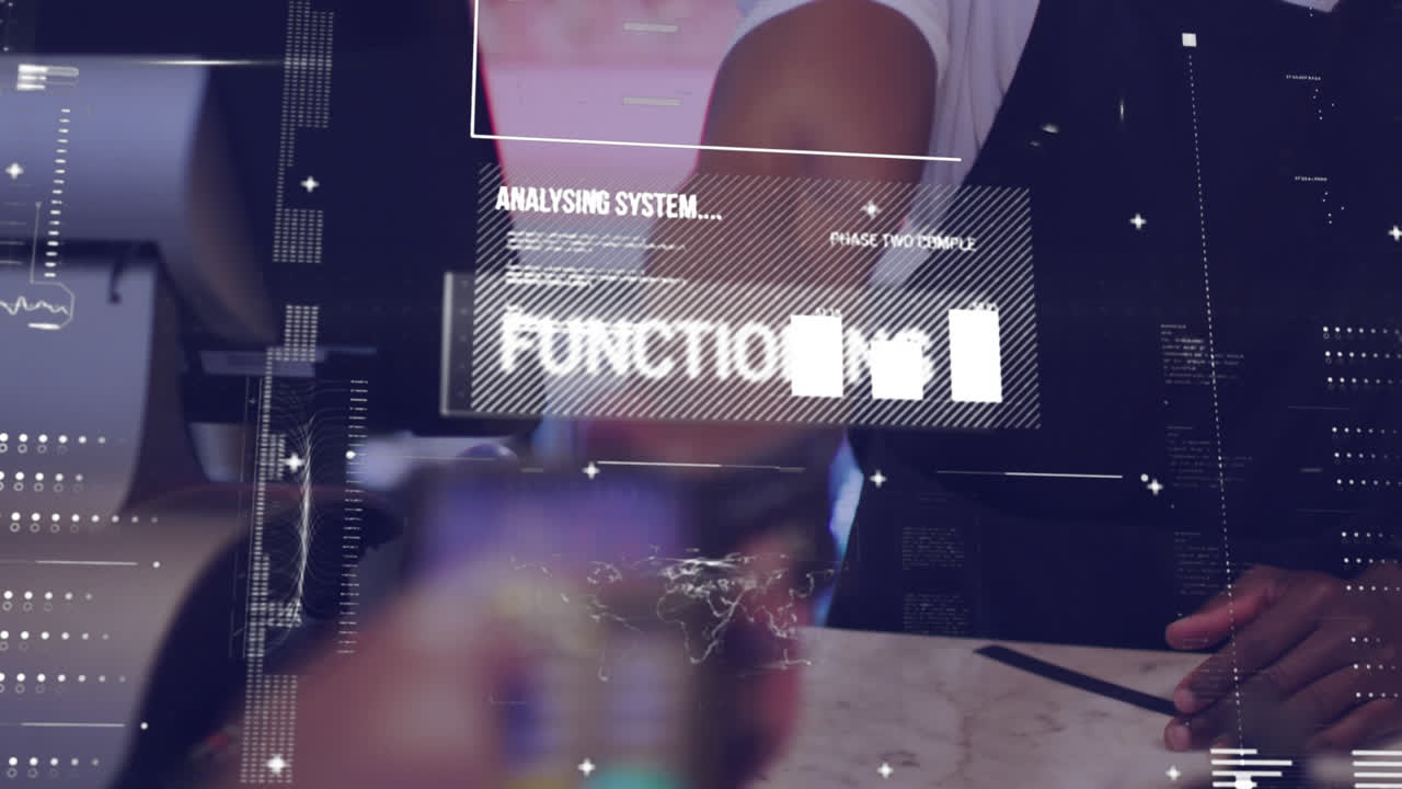 Animation af digital grænseflade og analyseinformation med butiksindehaver iført ansigtsmaske
