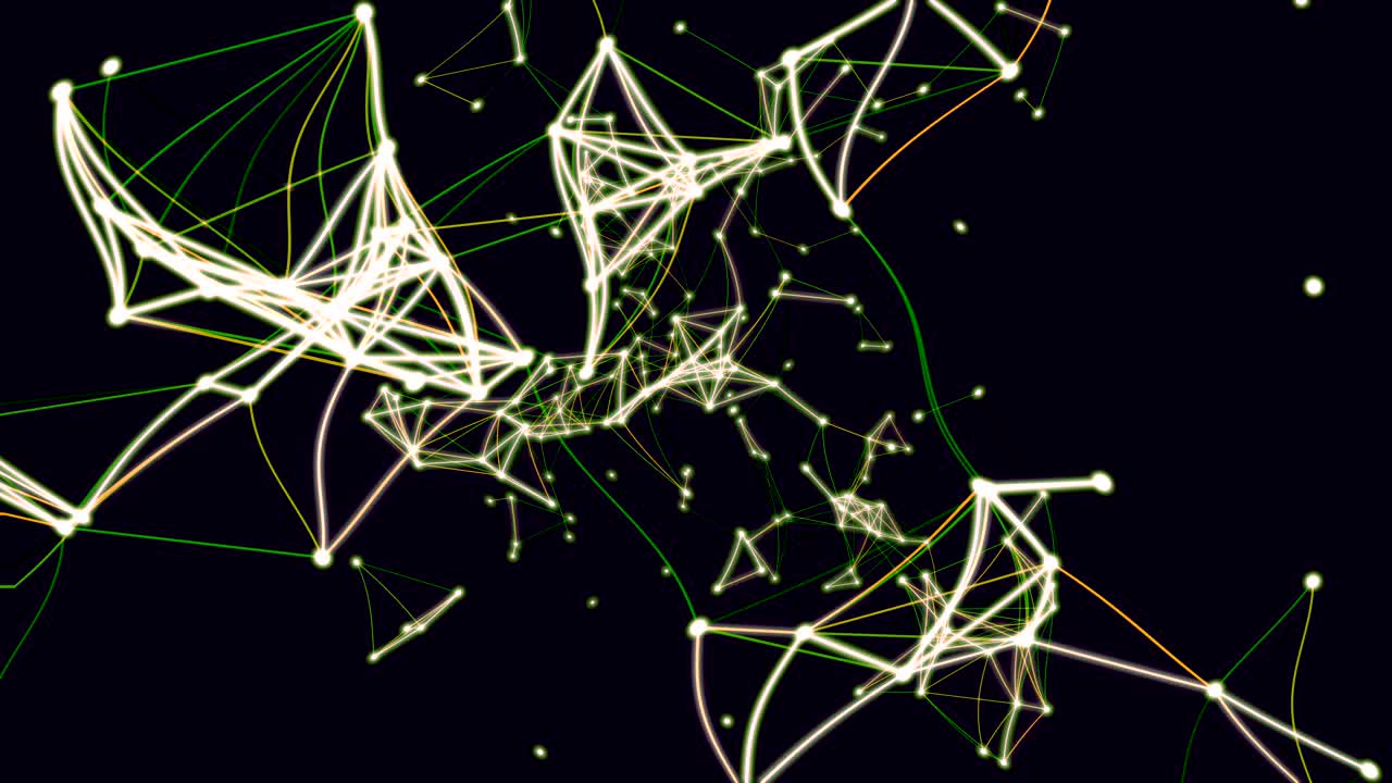 trayectorias coloridas que forman triángulos sobre el fondo negro.