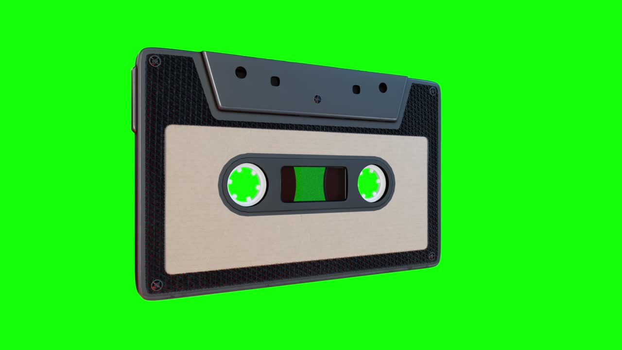 renderización 3d del bucle de movimiento giratorio de una cinta de cassette de audio negra en el fondo de la pantalla verde.