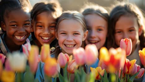 happy diverse girls smiling with tulips