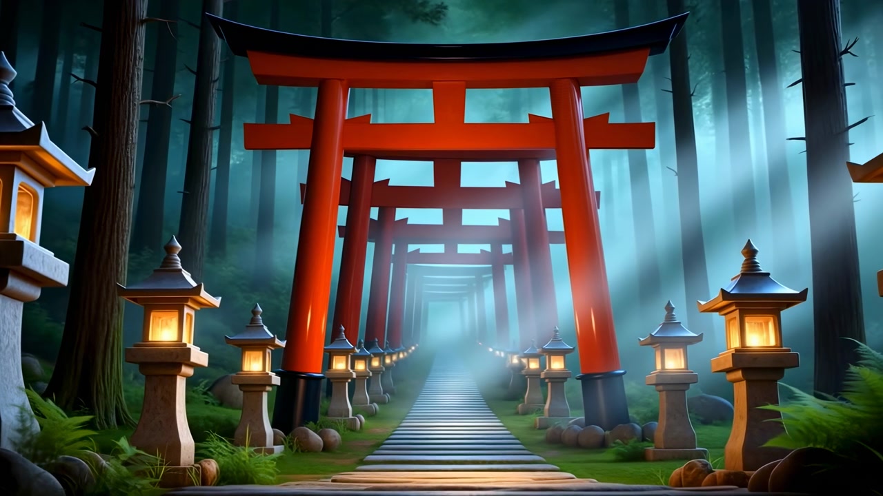 Sumuinen metsäpolku punaisella Torii-portilla, kivilyhdyt hehkuvat setripuiden reunustamalla kävelytiellä, pehmeä sumu leijuu.
