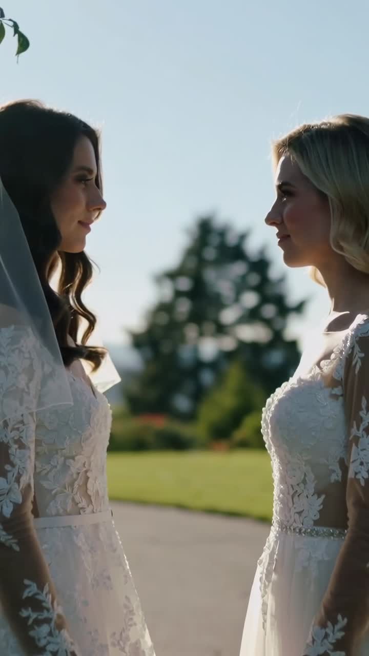 Vertical video: Watching ceremony starting, brides holding mutual gaze in garden, sunlight on veils