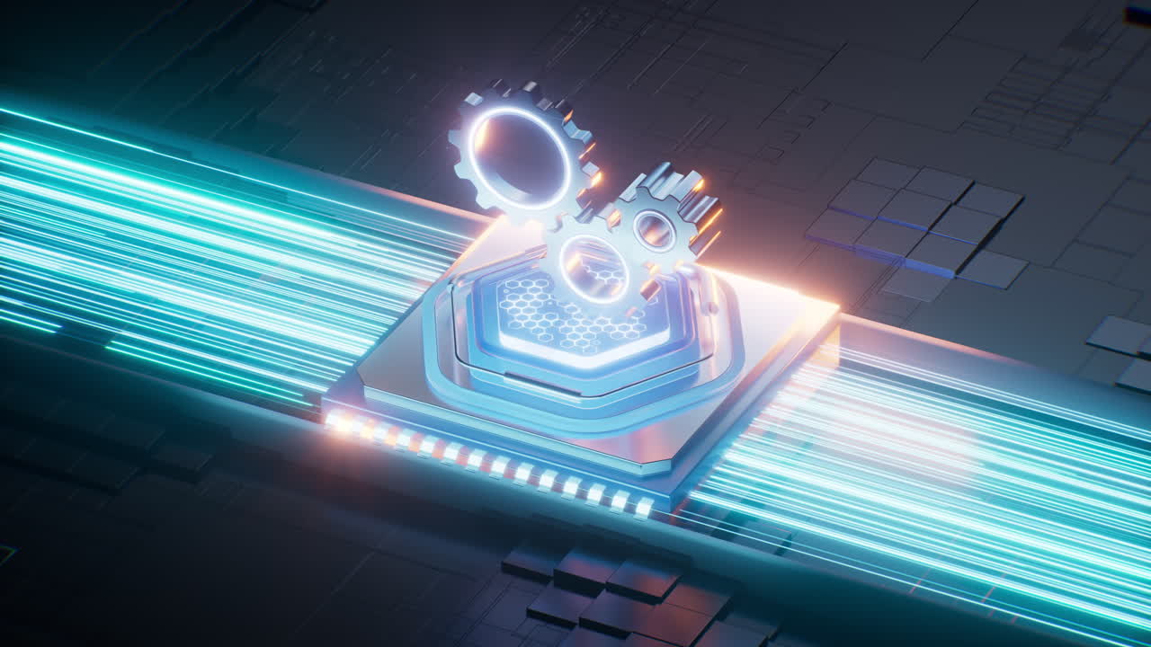 Ingranaggi industriali con sfondo di circuito stampato, rendering 3D