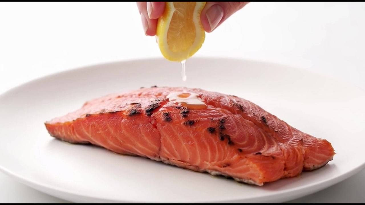 Memeras Jus Lemon Segar di Atas Fillet Salmon Panggang