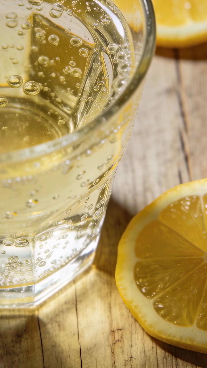 Vertical video: Camera shifting right and down, drink glass showing bubbles, revealing lemon wedge