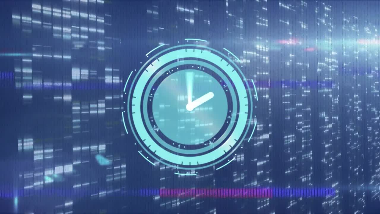 Animation of light spots and clock on blue background
