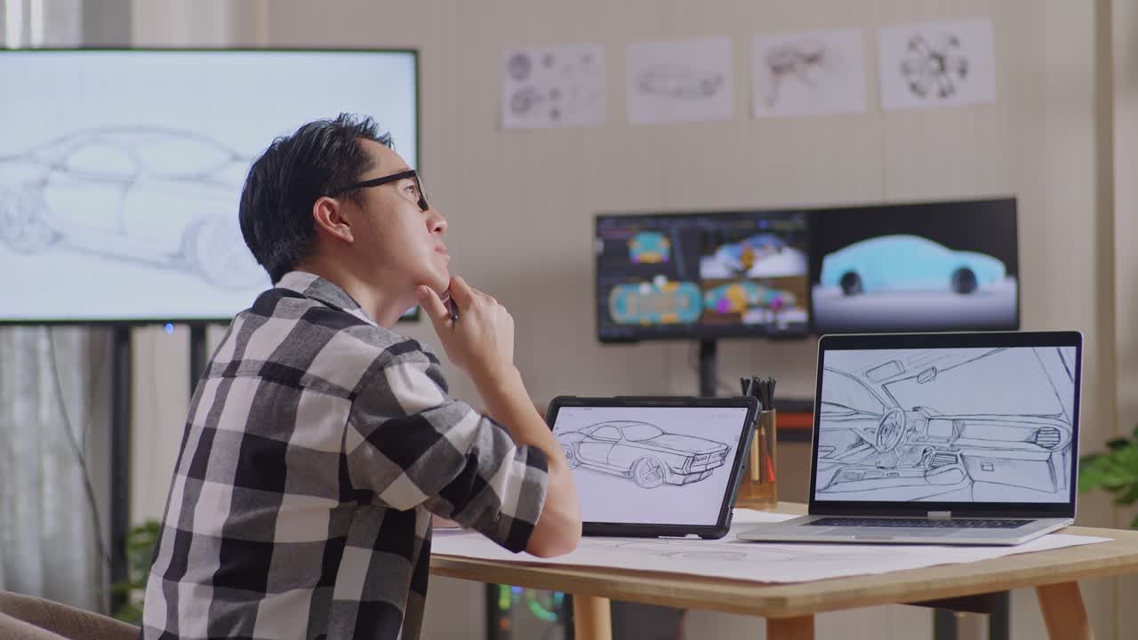 Side View Of Asian Male Thinking About New Car Concept Then Raising Index Finger While Drawing On Tablet In The Studio With Tv And Computers Display 3D Electric Car Model