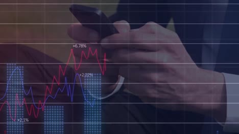 Financial-data-processing-against-mid-section-of-person-using-smartphone