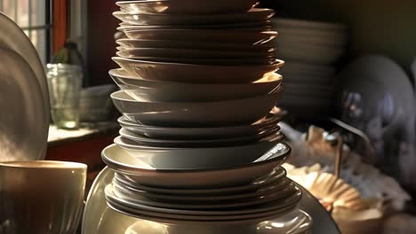 tall pile of dirty dishes, different sizes and colors, slow motion, up movement, blur kitchen background, colorful rainbow light reflecting from the dishes