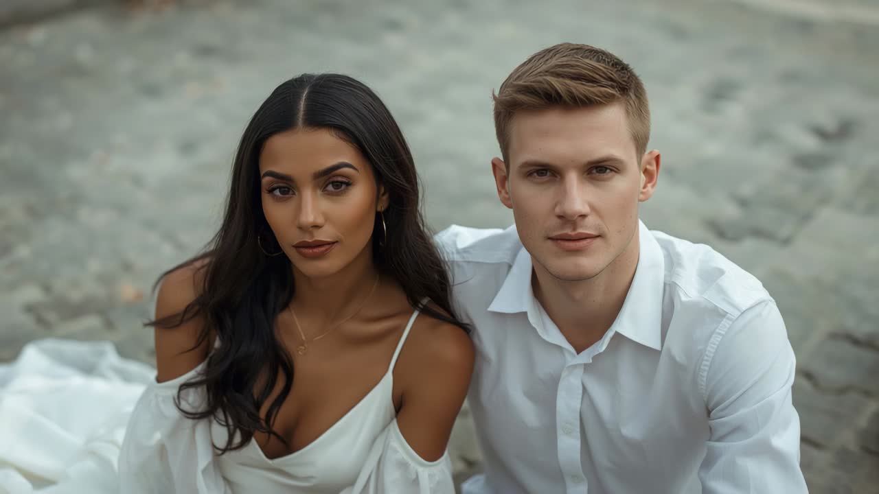 Filming couple sitting close on gravel rooftop, man adjusting gaze, posing in white dress and shirt