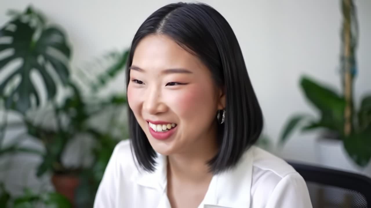 A Young Professional Woman Engaged in Work at Her Desk Surrounded by Lush Greenery while Smiling at Her Computer Screen, Showcasing a Relaxed and Productive Environment