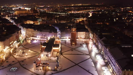 Winter-in-Krakow,-Poland---Aerial-view-of-Main-Market-Square,-Sukiennice,-St