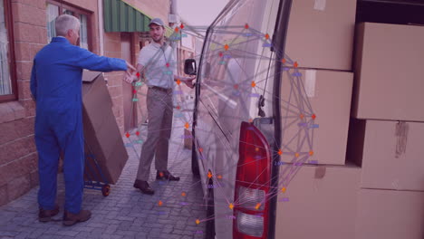 animation of network of connections over diverse delivery men shaking hands