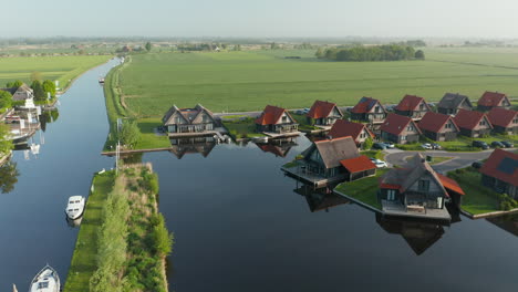 tranquil scenery at waterstaete ossenzijl, holiday resort waterstaete, ossenzijl, the netherlands - aerial drone shot