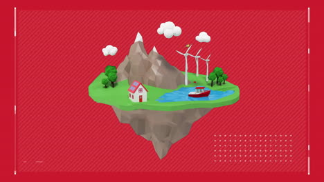 animación de procesamiento de datos e isla flotante sobre fondo rojo