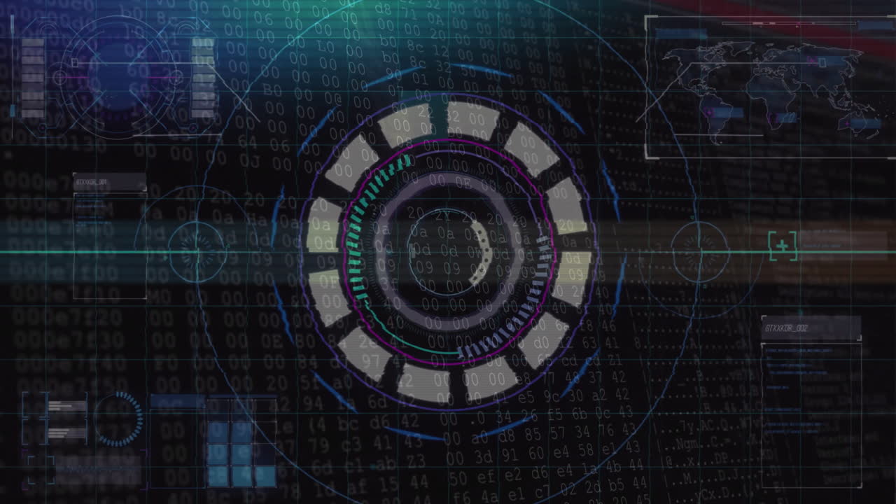 Central circular HUD interface rotating in dark HUD display, showing scrolling binary code