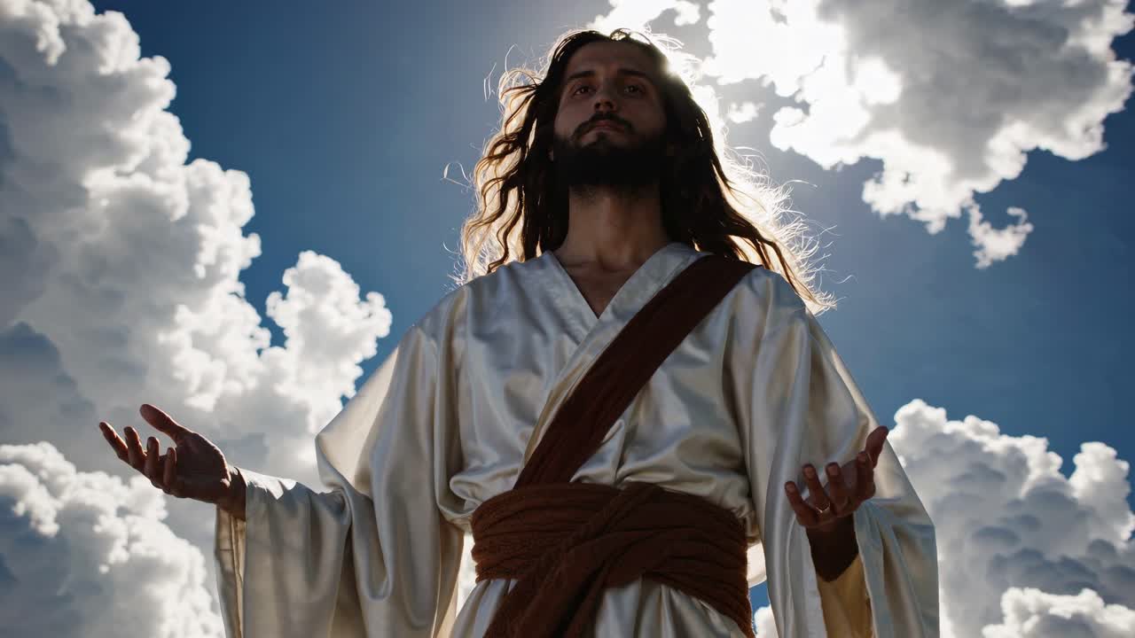 Dramatic low-angle video still of a serene figure in flowing robes, backlit by the sun