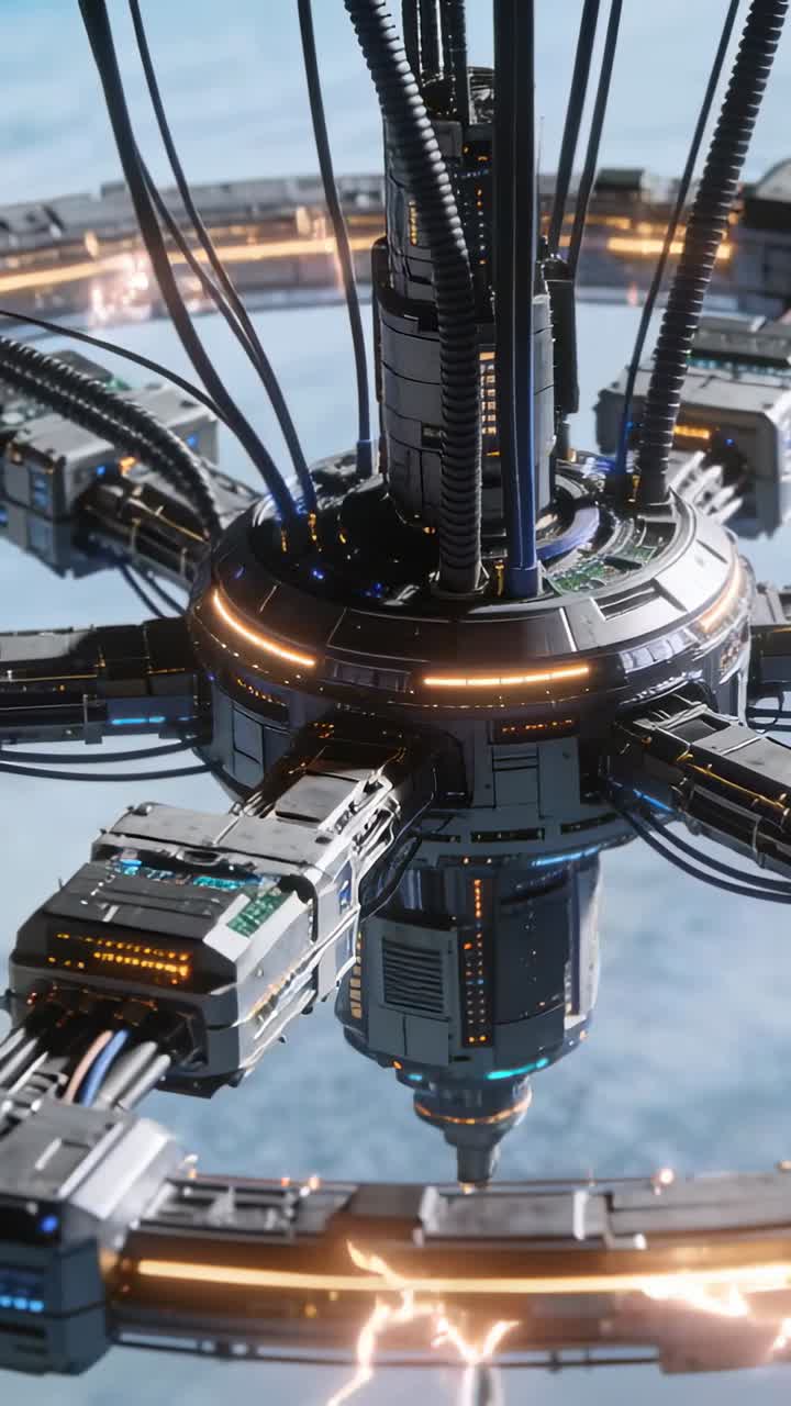 Vertical video: Camera dollying, revealing orbital hub sparking above planet, showing power flow