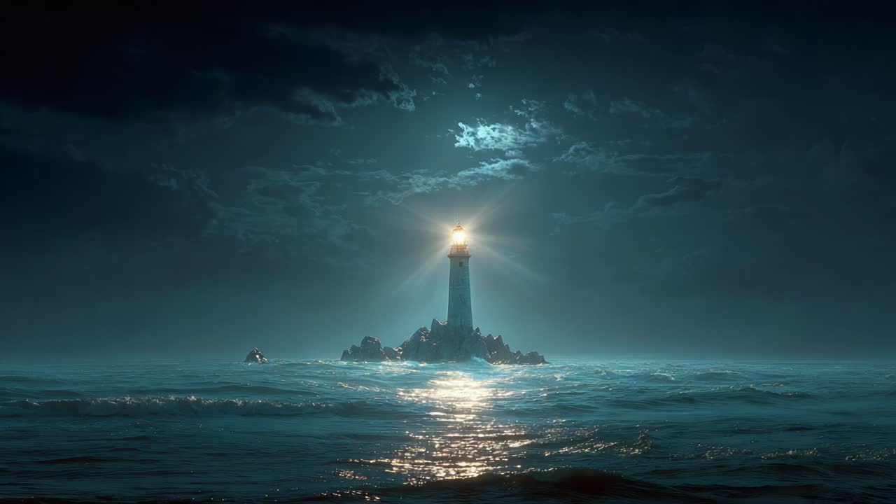 Et majestetisk fyrtårn lyser opp det mørke havet under en mystisk måneskinnsbelyst himmel og sprer et håpefullt lys midt i de opprørske bølgene og den uhyggelige atmosfæren