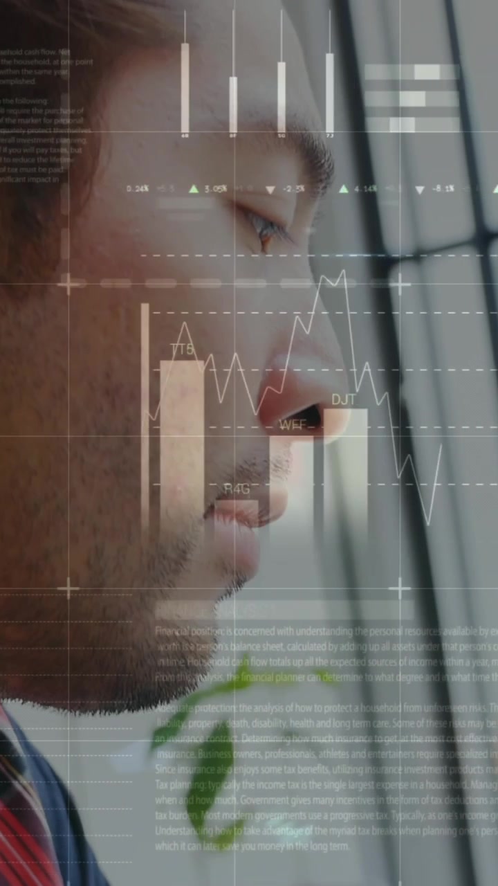 Animation of statistics and data processing over man using laptop
