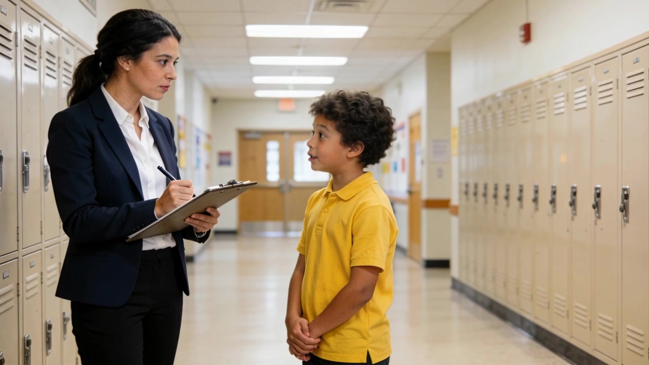 Student speaking, staff noting response with pen on clipboard in hallway lockers, blazer, polo