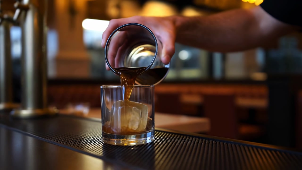 Primo piano a metà sequenza di un barista che versa un distillato scuro in un bicchiere tumbler con un singolo cubetto di ghiaccio grande