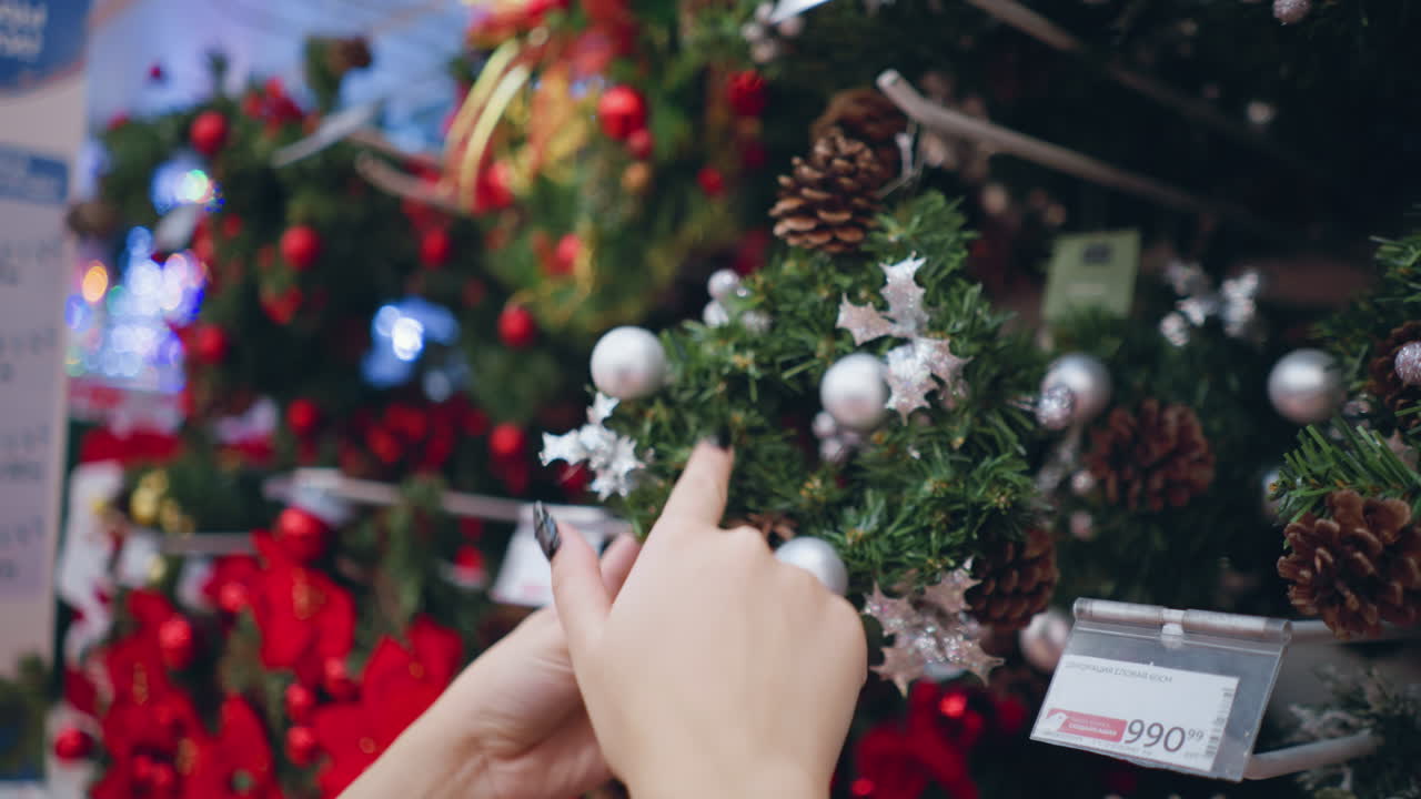 primer plano de una mujer observando una corona de navidad bellamente decorada con adornos, piñas y hojas de holly en una tienda minorista, etiqueta de precio adjunta al estante de exhibición
