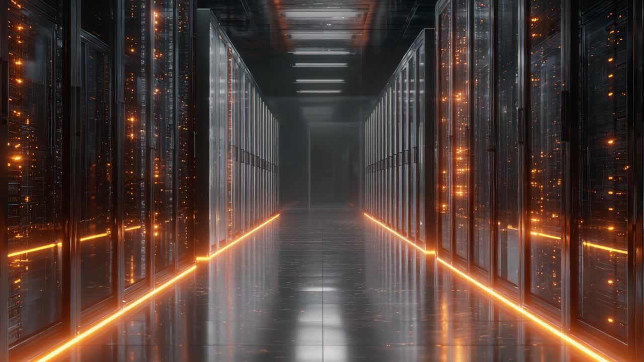 Exploring an Advanced Data Center: A Journey Through High-Tech Server Racks and Illuminated Pathways in a ModernDigital Infrastructure