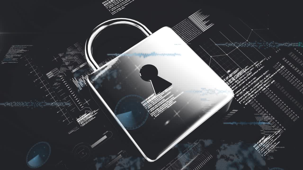 Silver padlock floating over dark data backdrop, overlaying blue waveform graphs and network nodes