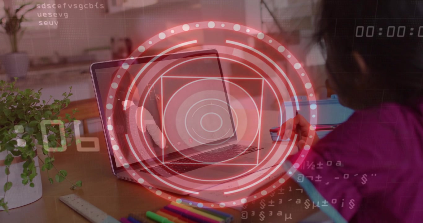 Contagem regressiva começando, estudante desenhando na mesa, alcançando o laptop enquanto uma interface HUD anima a educação.