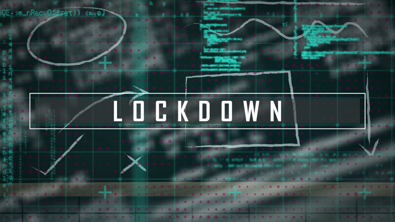 Animation of lockdown text in white over charts, graphs and processing data on black interface