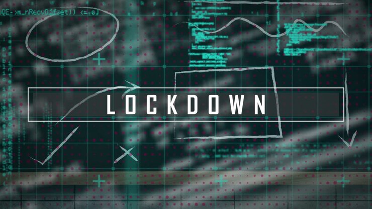 Animatie van 'lockdown' tekst in wit over grafieken, diagrammen en verwerkende gegevens op een zwarte interface