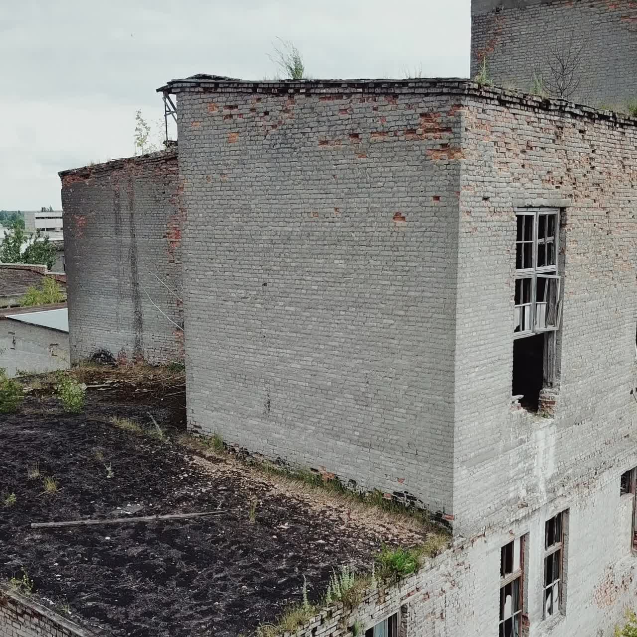Abandoned factory. Old industrial building for demolition. Aerial view