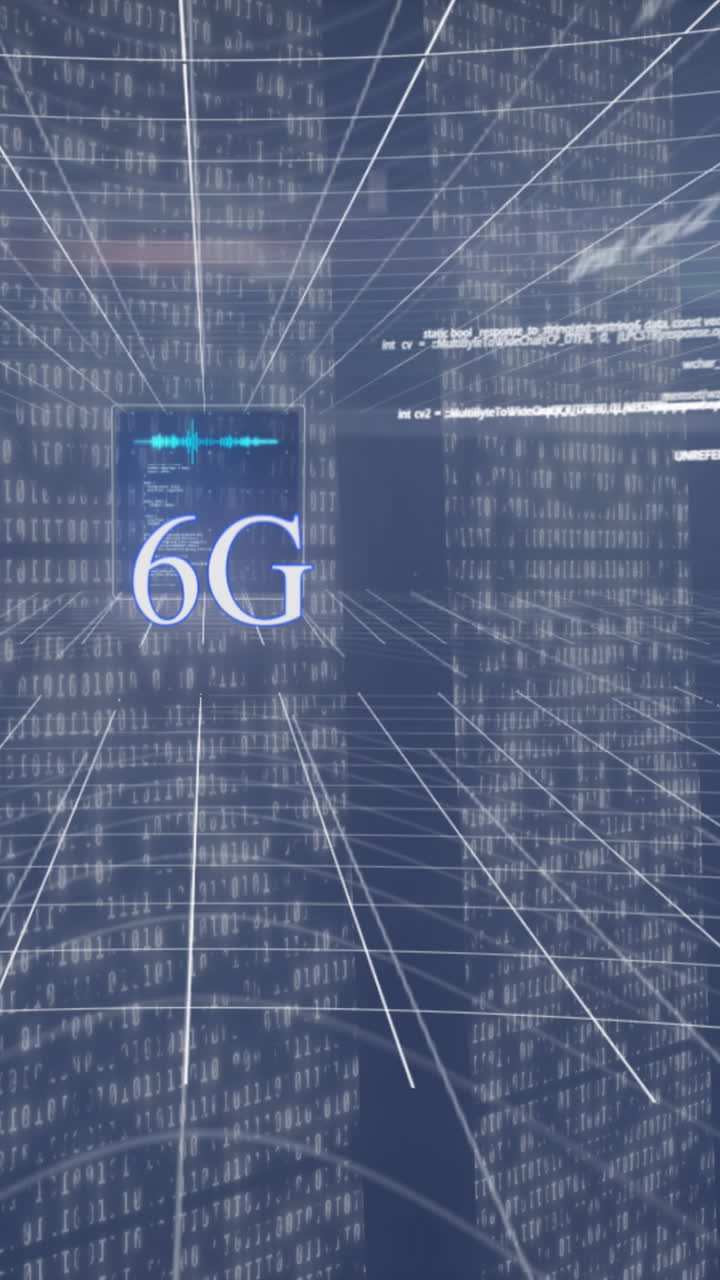 Animation of 6g text and data processing on blue background