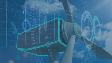 animation of financial data processing over wind turbine