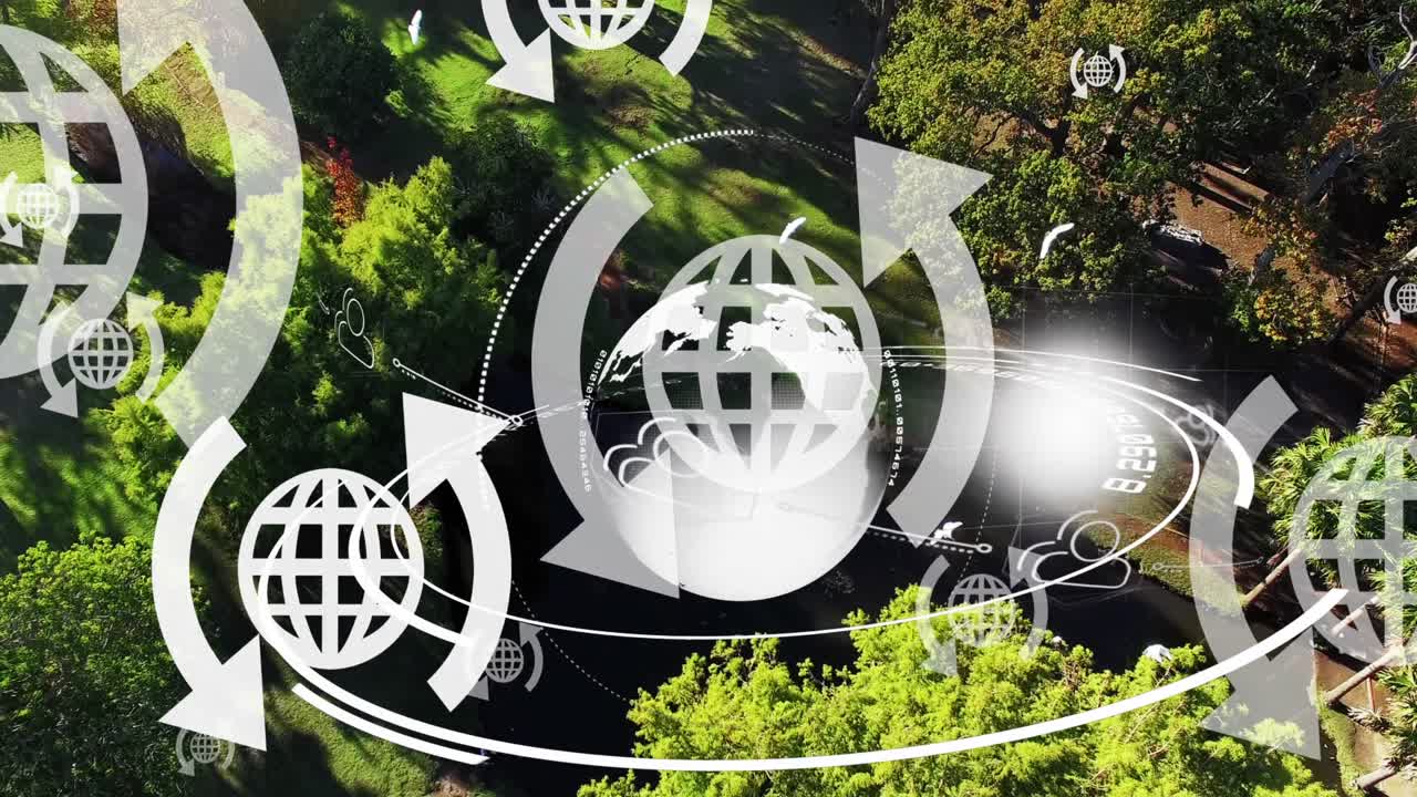 화살표와 풍경 위에서 회전하는 지구의 아이콘의 애니메이션