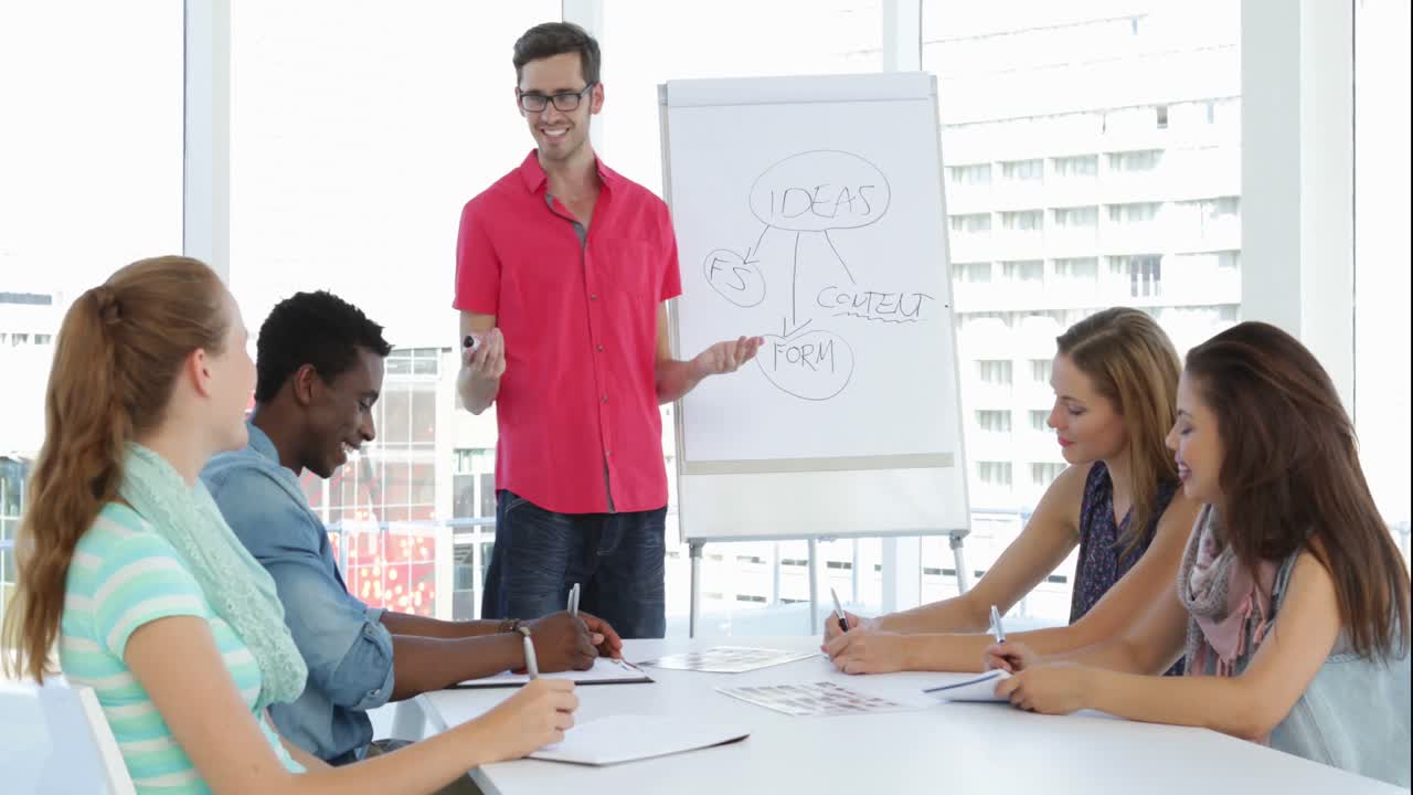 hombre haciendo una presentación de ideas a sus colegas en una reunión