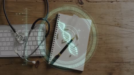 animación de la cadena de adn y escaneo de alcance sobre el teclado y el estetoscopio