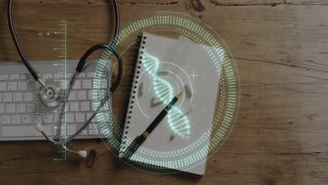 animation of dna strand and scope scanning over keyboard and stethoscope