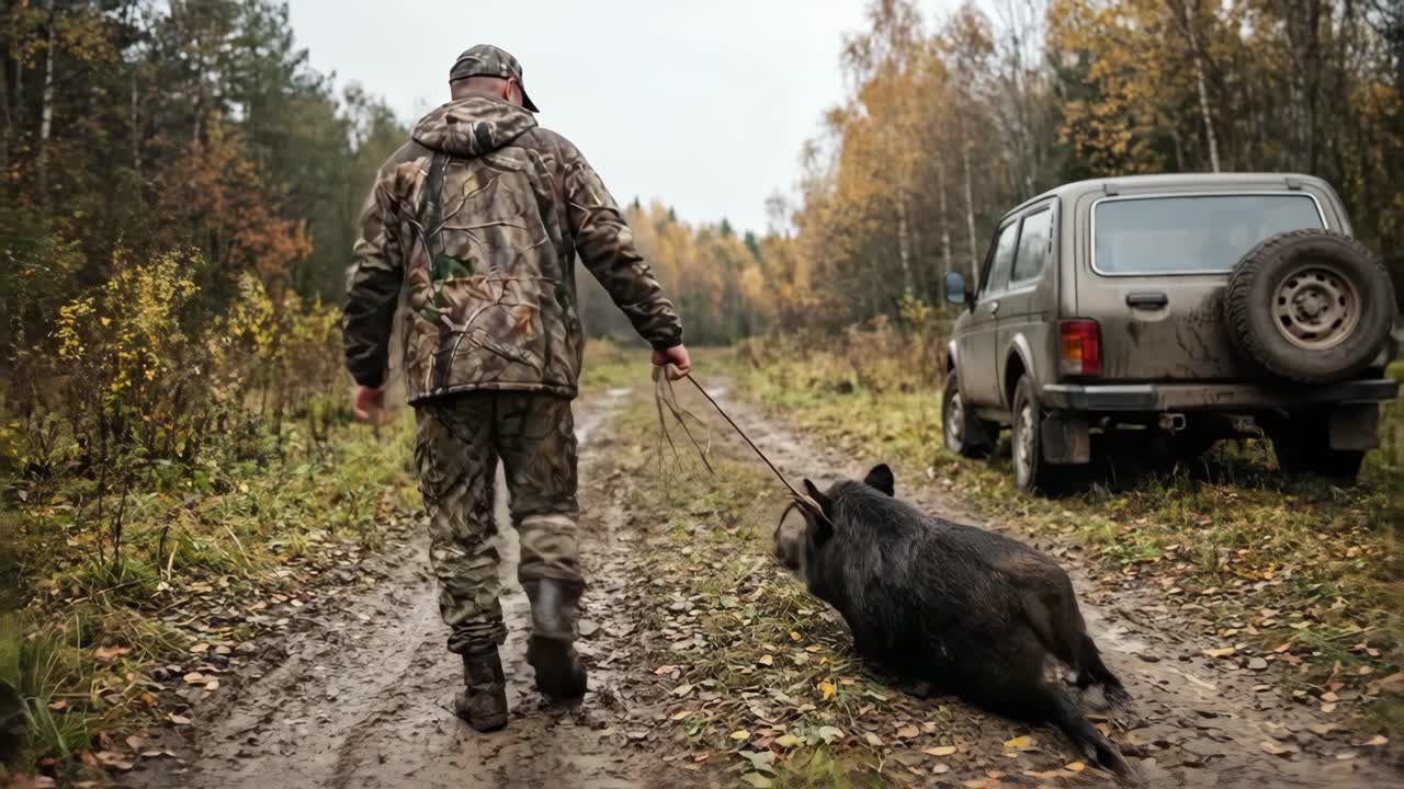Jæger trækker vildt vildsvin hen mod SUV på mudret skovvej